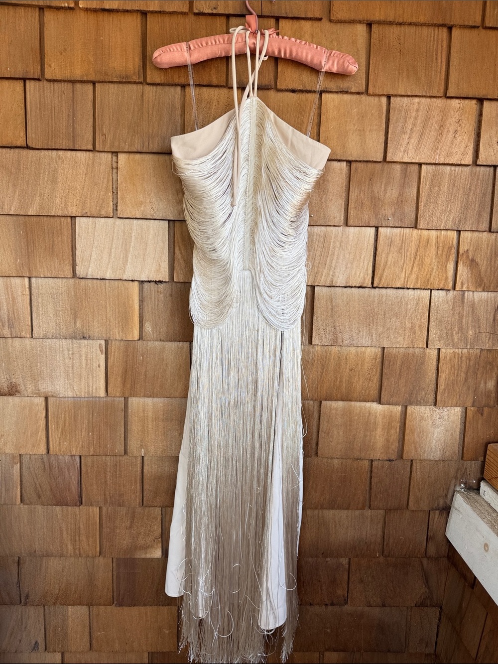 Rare London Ivory Fringe Strapless Evening Dress